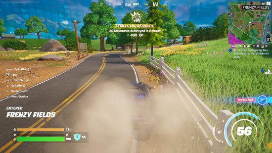 Fortnite Nitro Drifter how to drift - dust masks the drifting car as seen during a match. The car is about to plough into a white fence near a farm.