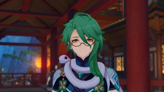 Genshin Impact leak provides early look at Baizhu's story quest: anime man with green hair and snake around his neck