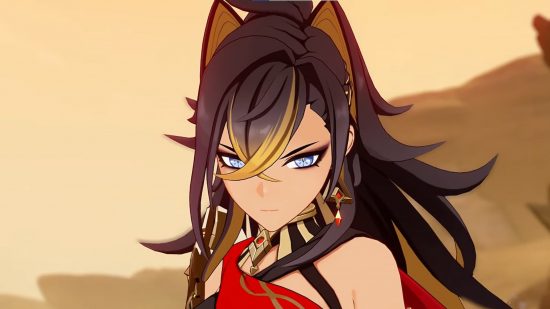 Genshin Impact players are pleading for Dehya buffs with new hashtag: anime girl with brown hair and blue eyes in the desert