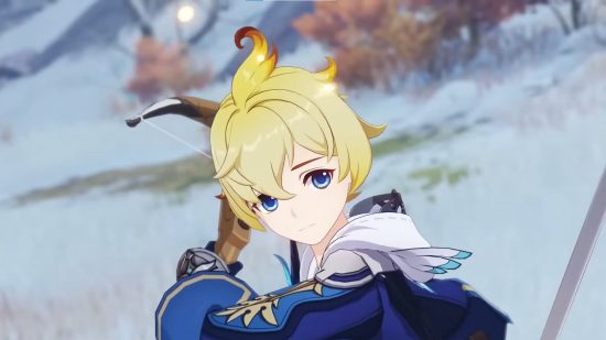 Genshin Impact Mika VA explains the character's recent voice change: anime boy with blonde hair holding a crossbow