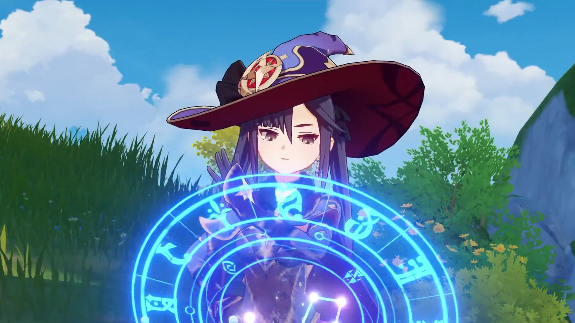 Genshin Impact fix nerfs Mika charged attack and fans are not pleased: anime girl with big hat looking at magic circle