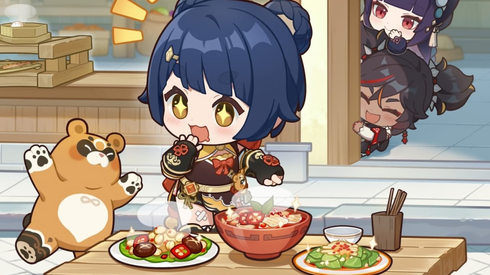 New Genshin Impact event asks you to season your food for Primogems: chibi anime characters looking at food on a table
