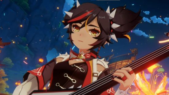 Play Genshin Impact songs to win cash prizes in new music event: anime girl with brown hair playing guitar