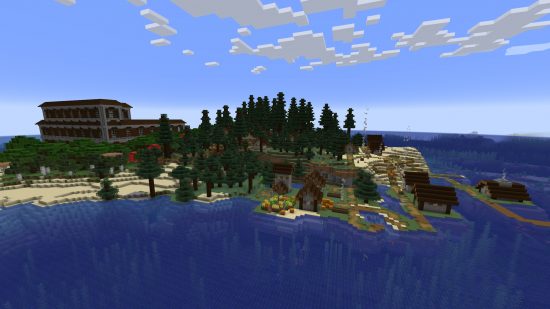 Minecraft seeds: Island seed - a rare Minecraft island featuring a taiga biome, a village, a beach, and a woodland mansion.