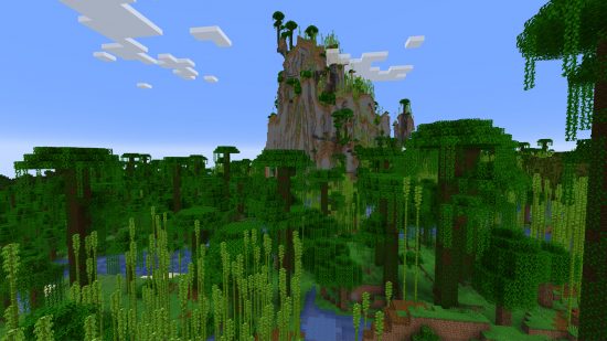 Minecraft seeds: Jungle seed - A large jungle filled with bamboo with a rock face in the background.