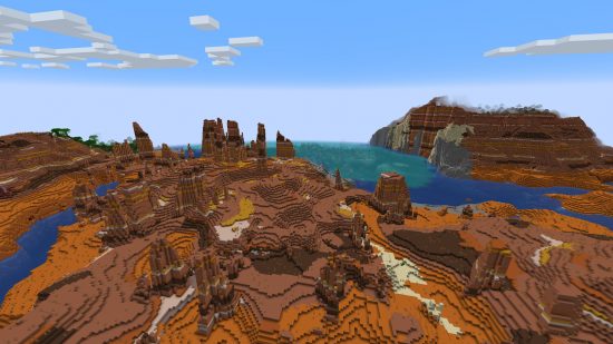 Minecraft seeds: Badlands seed - a large mesa biome filled with terracotta blocks and red sand.