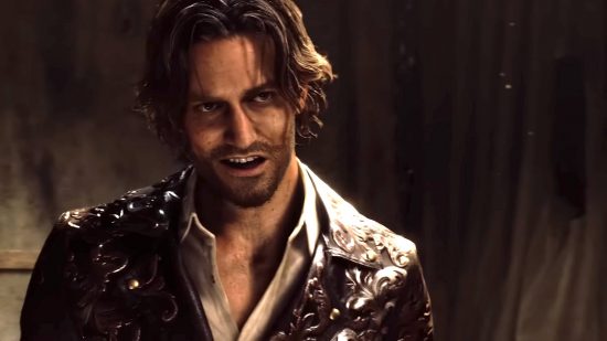 Resident Evil 4 Remake S Rank: Luis lleva una chaqueta de cuero marrón con un diseño en relieve y una camisa blanca abierta. Está parado en medio de un sótano