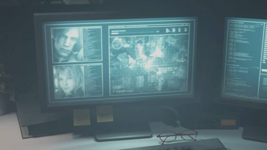 Resident Evil 4 Remake S Rank - Leon ve Ashley'in kupa çekimlerini ve bir radar haritasını gösteren birkaç bilgisayar monitörü