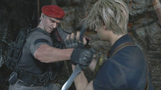 Resident Evil 4 Remkae achievements - Leon and Krauser are having a sparring match with knives.