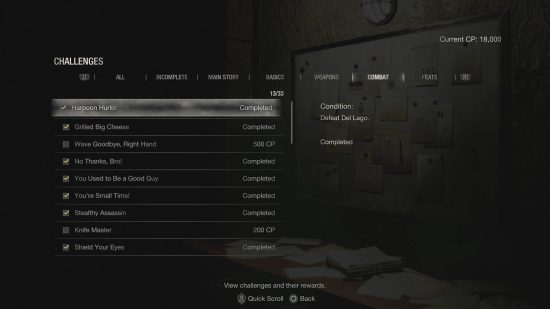 Resident Evil 4 Remake achievements - the challenge list for Combat.
