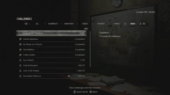 Prestasi Resident Evil 4 Remake - daftar tantangan untuk Prestasi.