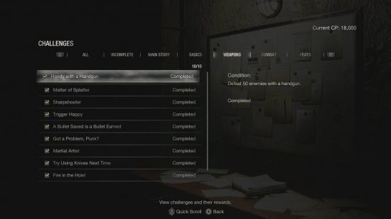 Resident Evil 4 Remake achievements - the challenge list for Weapons.