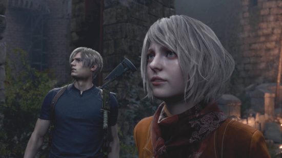 Resident Evil 4 Remake chapters - Ashley and Leon are looking shocked at something in the distance.