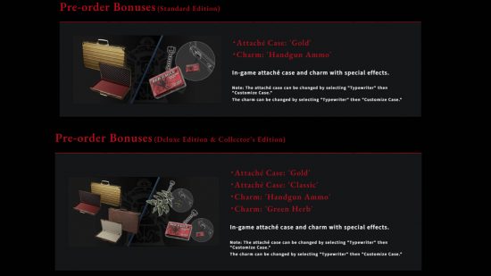 Resident Evil 4 Remake deluxe edition - both the pre-order bonuses for Standard and Deluxe editions.