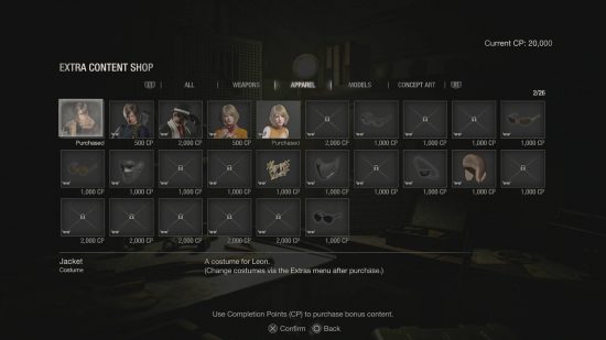 Resident Evil 4 Remake unlockables - the costumes and accessories extra content shop.