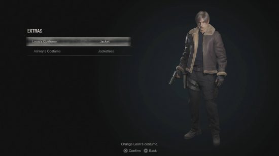Resident Evil 4 Remake unlockables - the costume select screen. Leon is currently wearing his Jacket costume.