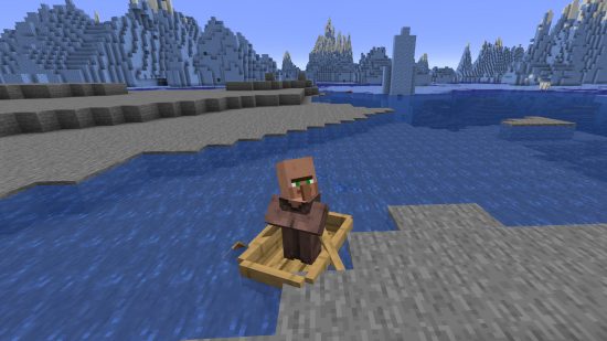 Minecraft Villageの居住方法：ボートやMinecraftでMinecraftの村人を輸送 - 画像は、ボートに座っている村人を示しています。