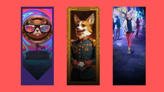 Three Valorant player cards, one with a bear wearing sunglasses, the other a corgi imposed on a man in military dress, and a young Asian woman with white hair walking down a street towards the camera