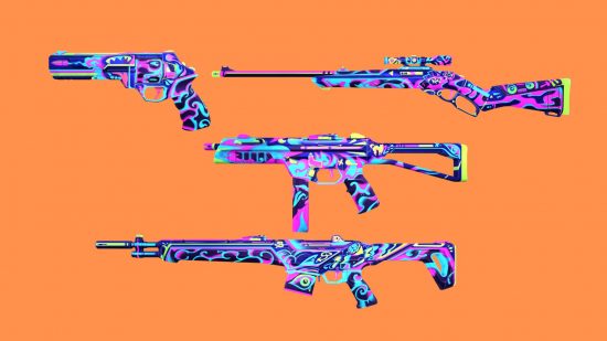 A colour collection of weapons with swirling patterns 
