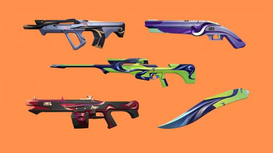 A collection of futuristic colourful weapons on an orange background