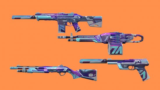 A collection of blue, black, and purple guns on an orange background
