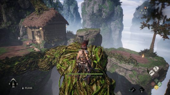 Wo Long Dragon's Vein Crystals Essences - the player is standing on vines leading to a Taoist's house. She is standing outside because her doors are locked. The essence can be seen on a ledge in the distance.