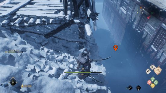 Wo Long Dragon's Vein Crystals Essences - the player is standing on a rooftop, looking down at a revealed bit of platform below. A pin shows where the essence was originally placed.
