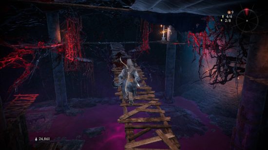 Wo Long Dragon's Vein Crystals Essences - a walkway above where the alligator mini-boss is. A cage that normally has the essence is suspended to the left, above the purple water below. The player has already collected the Essence.