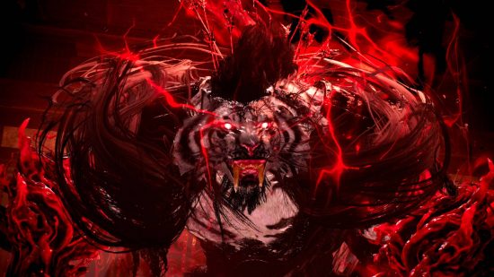 Wo Long bosses - a man has been transformed by the Elixir into a giant white tiger with red magic flowing around it.