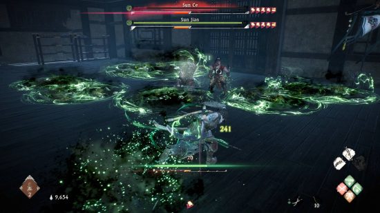 Wo Long bosses - the player is fighting against both Sun Ce and Sun Jian. Evereyone is poisoned as there are poisonous deposits around the training hall.