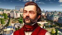 Anno 1800 free week - a man with a handlebar moustache in a red waistcoat stands before a sprawling city