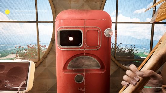 Atomic Heart FOV slider - the player looks at NORA, a red upgrade machine