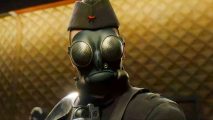 Atomic Heart and High on Life are the same, says Starfield dev: A Russian soldier in a gas mask wearing a traditional military hat with a red star stands on a yellow diamond background