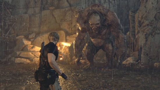 Best action adventure games - Leon Kennedy is standing in a quarry about to face off against a giant in Resident Evil 4 Remake.