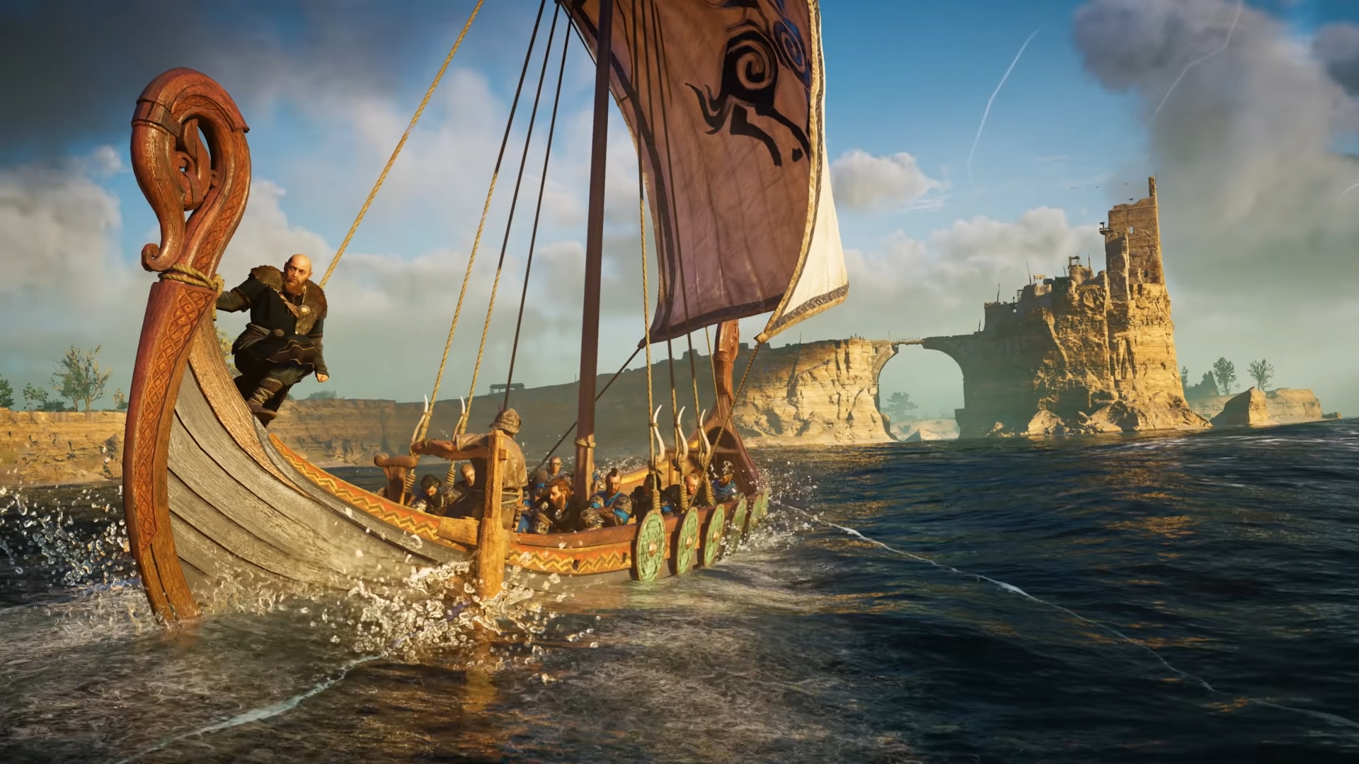 Best educational games: Assassin's Creed Discovery Tours. Image shows a Viking ship sailing on the sea.
