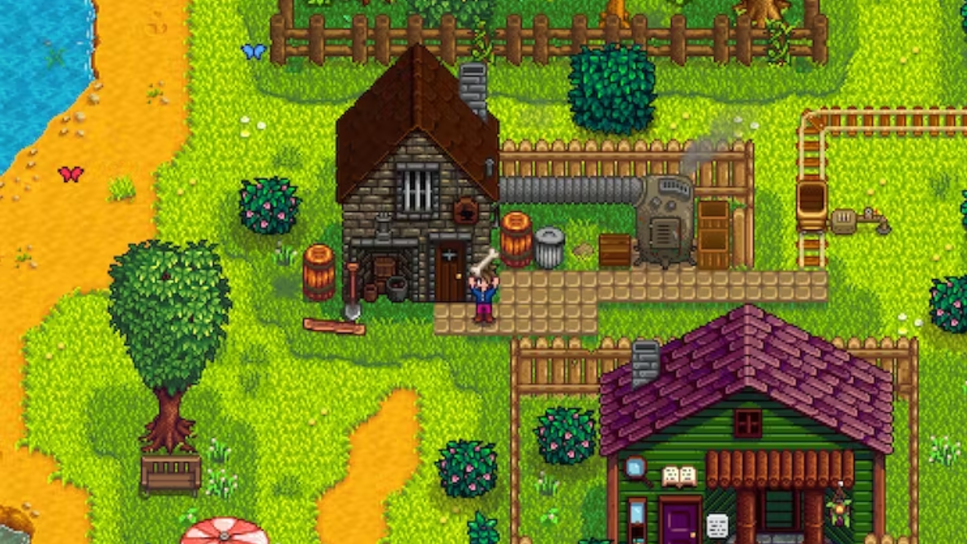 Best indie games: Stardew Valley. Image shows a character walking around holding a bone near their farm.
