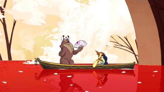Stella, the player character, sails Astrid, a lynx, to the Everdoor so she can pass on into death. They sail on red waters, surrounded by beautiful white trees.