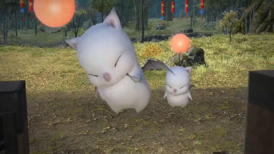 Best open world games: Final Fantasy XIV. Image shows two Moogles appearing beside a carriage in a forest.