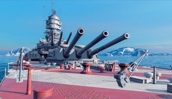 Best simulation games: World of Warships. Image shows the view on board a large battleship.