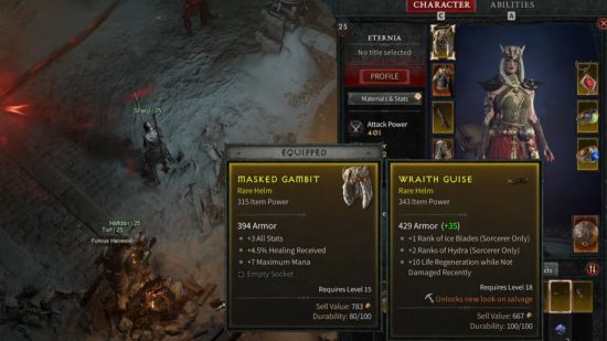 Лучшее снаряжение для сборки колдуна в Diablo 4: экран снаряжения, показывающий предметы в инвентаре игрока, включая сравнение двух шлемов.