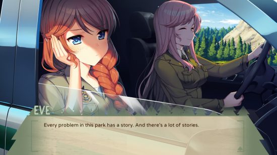 A girl looks thoughtfully out of the window of a car in one of the best visual novels, The National Park Girls.