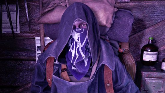 Resident Evil 4 Remake blue medallions: a hooded, and masked figure, selling his wares.