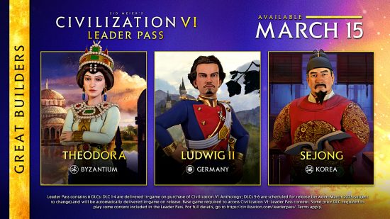 Civ 6 The Great Builders release date - Theodora, Ludwig II, and Sejong the Great - coming as part of the Leader Pass on March 15