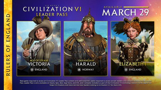 Civilization 6 DLC Rulers of England - graphic showing Age of Steam Victoria, Varangian Harald, and Elizabeth I coming on March 29.