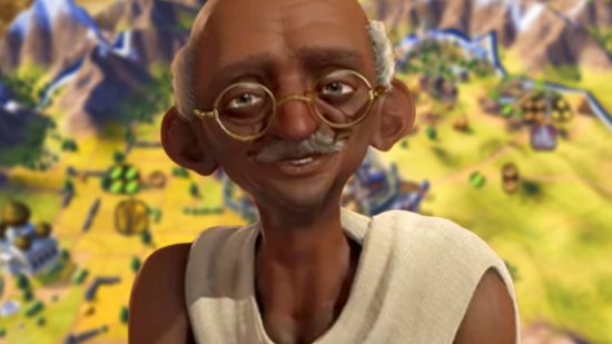 Civ 6 Game Pass - Mahatma Ghandi in front of a world map