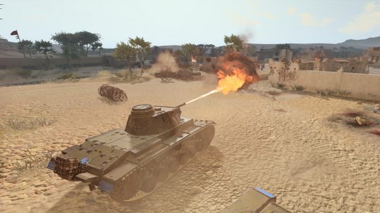 Company of Heroes 3 missions: A tank firing a shot in the desert