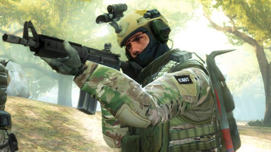 Counter-Strike 2 may have a new Valve Anti-Cheat that cancels matches: A soldier in a helmet and balaclava fires an assault rifle in Valve FPS game CSGO