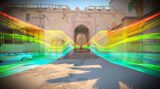 Counter-Strike 2 maps: Dust 2 at B Long with rainbow stripes coming out of the tunnel