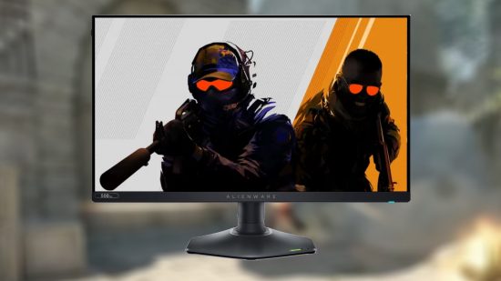 Counter Strike 2 500Hz: Alienware monitor with CS 2 characters on screen and blurred gameplay backdrop