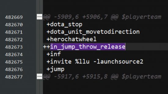 CSGO Source 2 - code from a Dota 2 update featuring a line reading '++in_jump_throw_release' (shared by aquaismissing on Twitter)